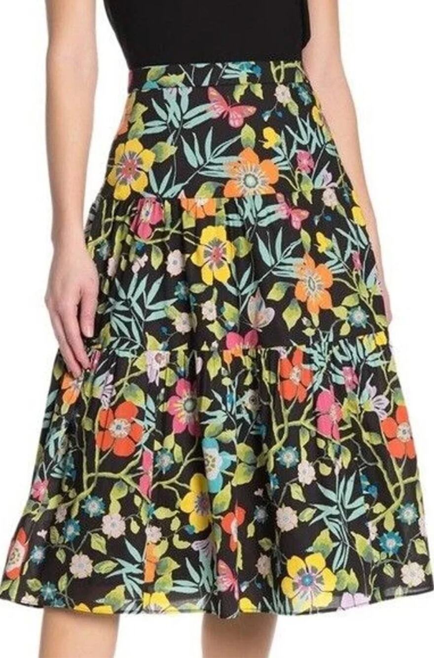 J.Crew Floral Tiered Cotton Midi Skirt Butterfly Black 6 Cottage Work Botanical